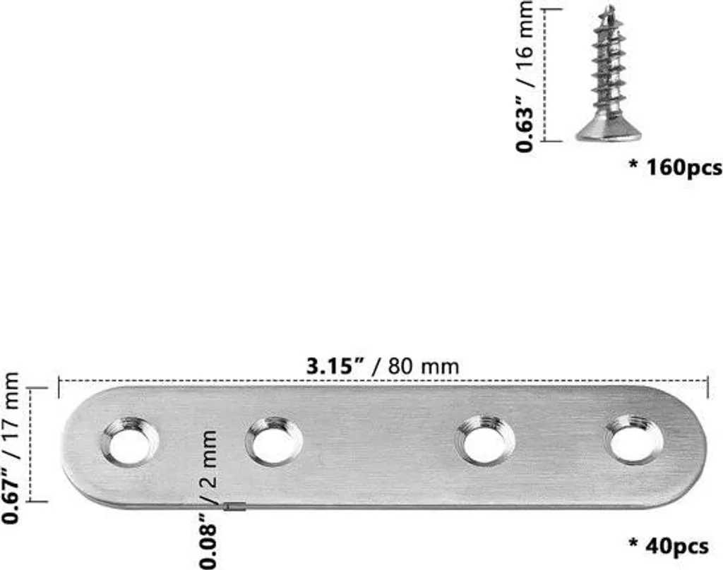 40 attaches plates en acier inoxydable 80x17 mm pour bois et meubles