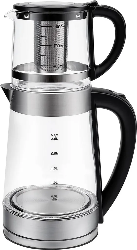 Wasserkocher - Teebereiter aus Glas - 1800 W - 2,5 l - Doppelkammer - Automatische Abschaltung - Hohe Effizienz - Hellgrau