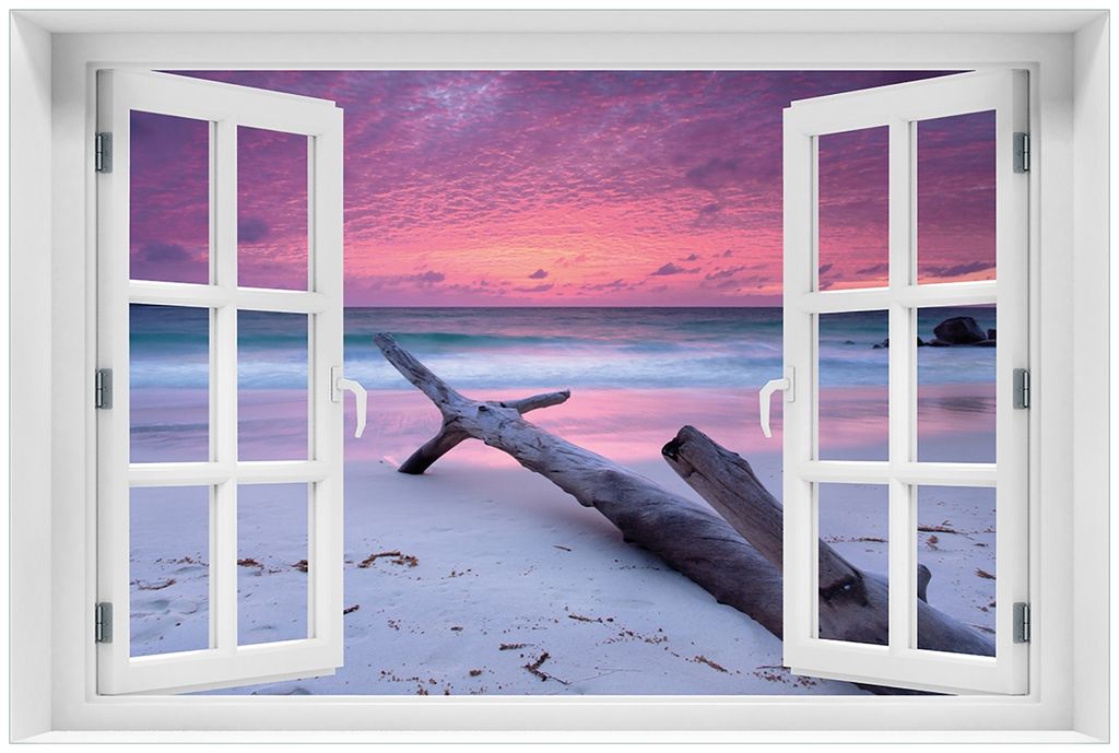 Wallario Premium Glasbild mit Fensterrahmen, freischwebende Optik, kräftige Farben, Größe 60 x 90 cm Motiv Abendhimmel bei Sonnenuntergang