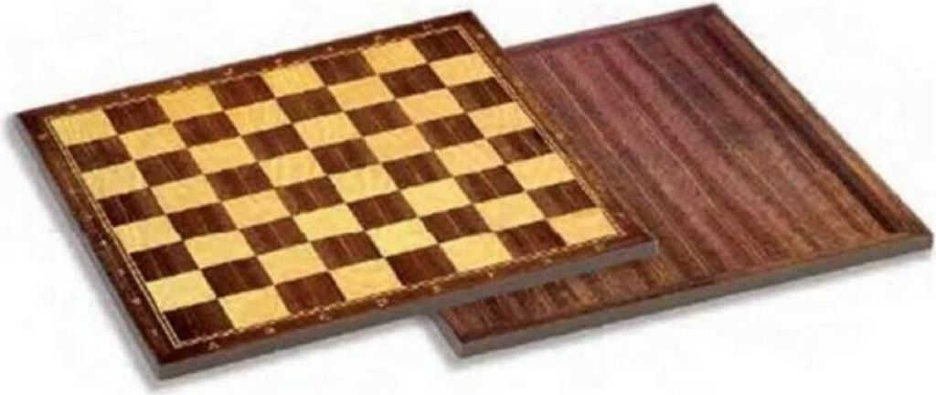 A wooden chessboard and its base are shown from a diagonal angle.