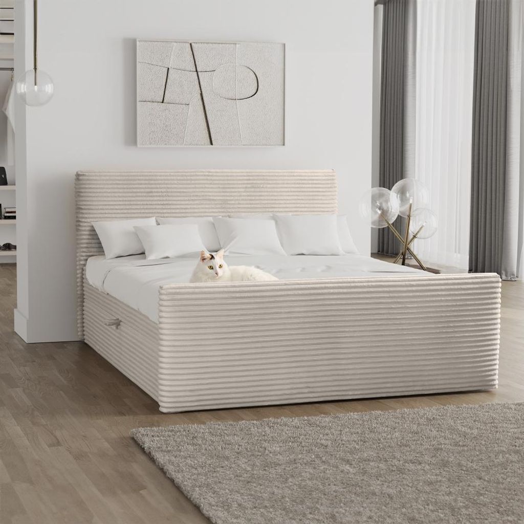 Kaiser Möbel Boxspringbett mit bettkasten und topper 140x200 TRENTO stoff Plüsch Cord Ecru H3-Bonell