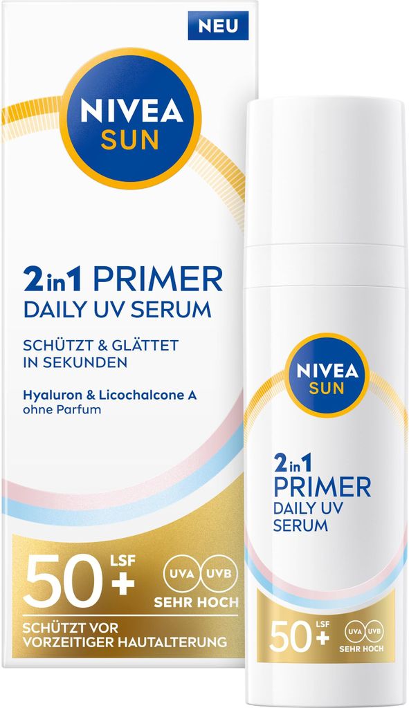 A product shot of Nivea Sun 2in1 Primer Daily UV Serum Lsf50+ packaging and bottle.