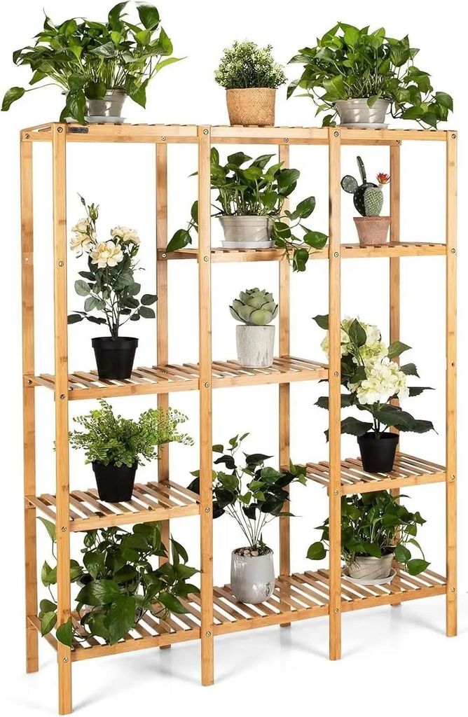 Bambus Pflanzenregal - Blumenständer - 5 Ebenen - Mit Aufhängestange für Hängepflanzen - Treppen-Design - Innen/Außen - 114 x 31 cm - Natur