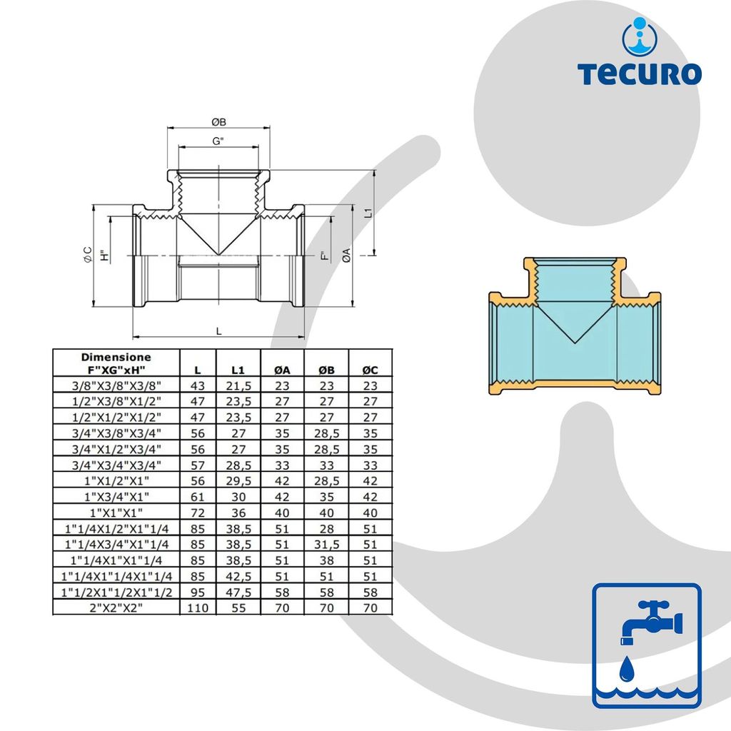 Tecuro T-Stück 1/2 Zoll Innengewinde – Aus Blankem Messing CW617N, Trinkwassergeeignet Nach 50930-6