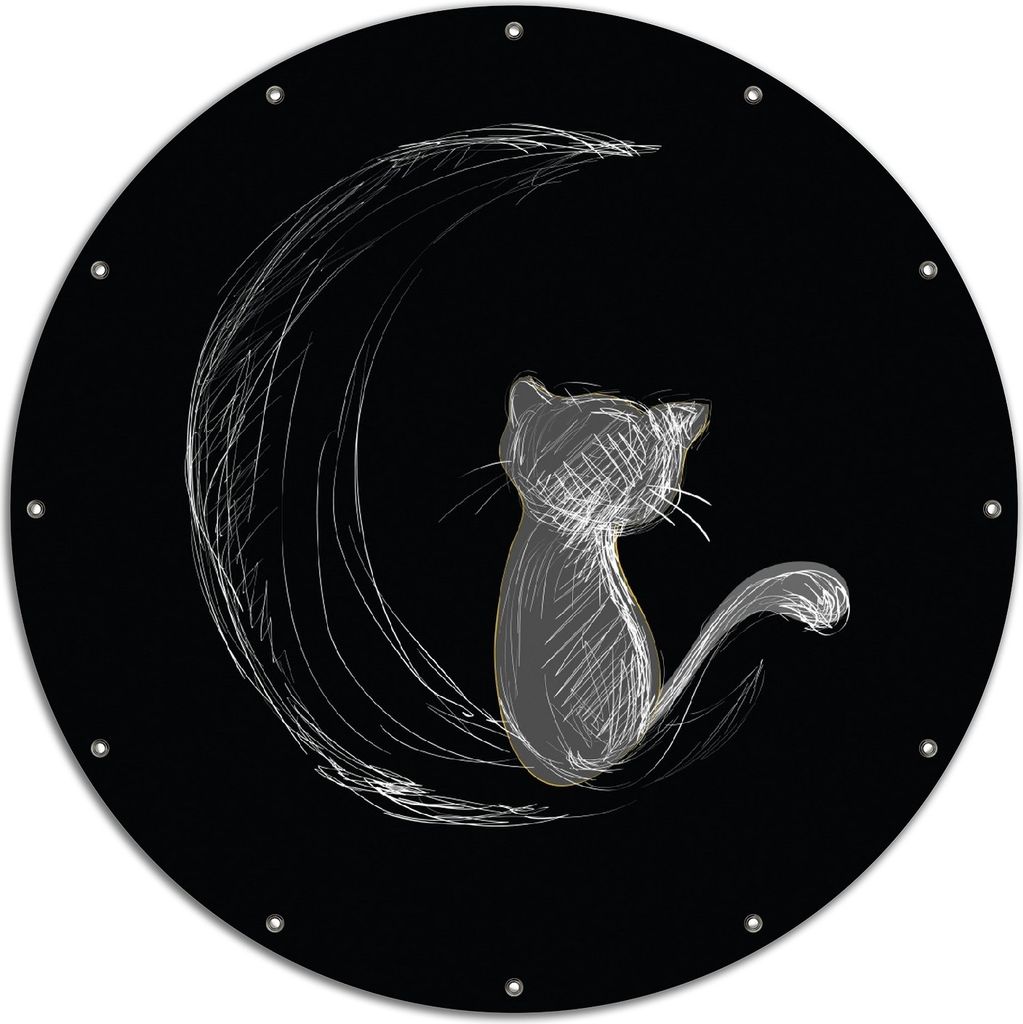 Wallario rundes Outdoor-Poster für Garten oder Balkon, Motiv Katze sitzt auf dem Mond - illustriert in weiß auf schwarz, 120 cm Durchmesser