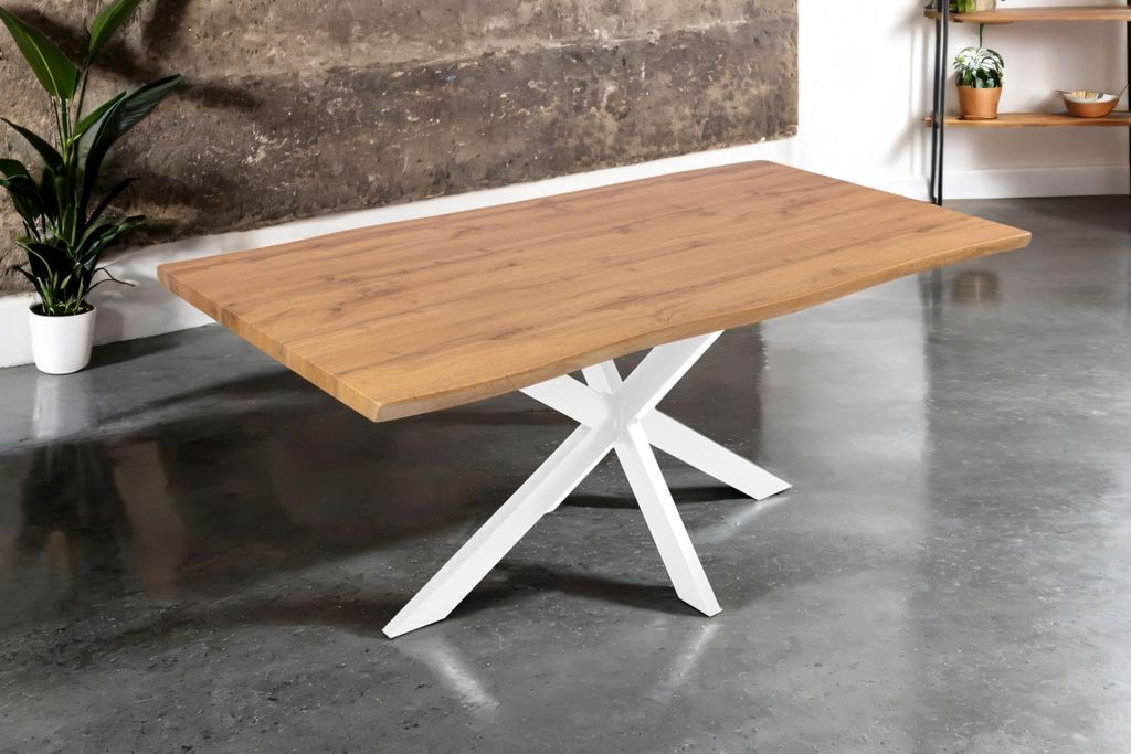 Esstisch Josy | 180 x 90 cm | Holz Wildeiche-Optik | Spider-Gestell Metall Weiß | 40 mm Tischplatte mit Baumkante | Tisch für Esszimmer & Küche