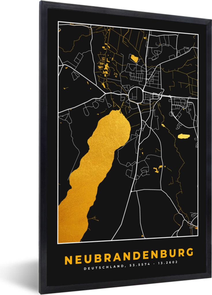 MuchoWow Gerahmtes Poster Gold - Deutschland - Karte - Neubrandenburg 60x90 cm - Poster mit Schwarzem Bilderrahmen Wandposter Rahmen Foto Bilder ...