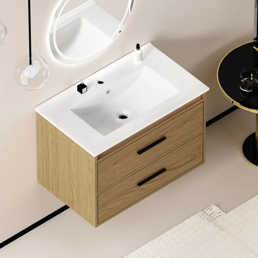 Meuble sous-vasque 75 cm chêne clair, solution de rangement à 2 tiroirs - 3
