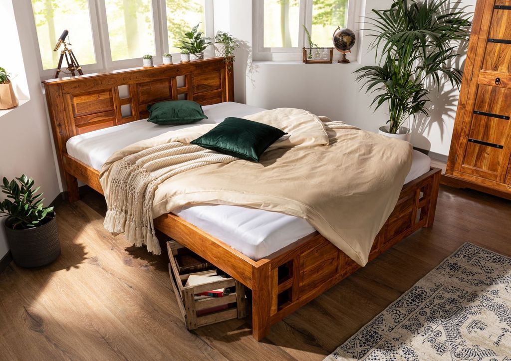 MASSIVMOEBEL24 Bett Akazie 140x200x90 honig lackiert OXFORD #0251