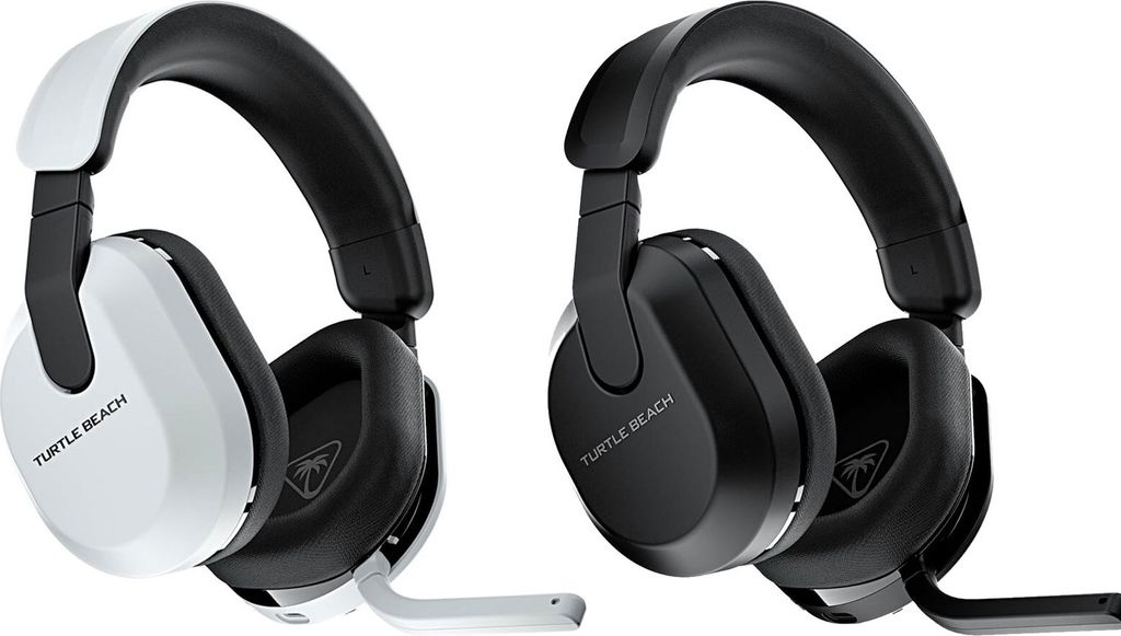 Two gaming headsets, one white and one black, are displayed side-by-side against a white background.