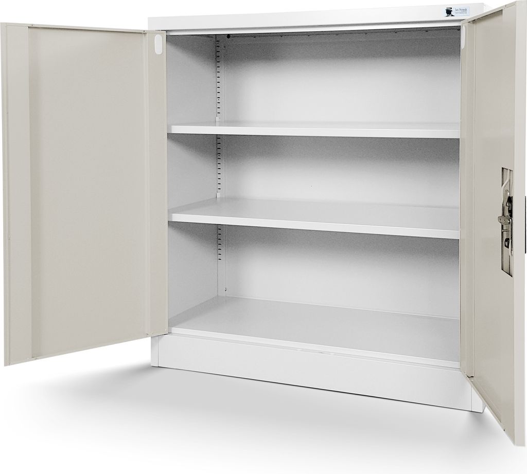 An empty, open metal filing cabinet with shelves.