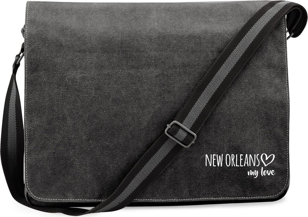 Huuraa Umhängetasche New Orleans my love 14 Liter Black Canvas Laptoptasche Geschenkidee