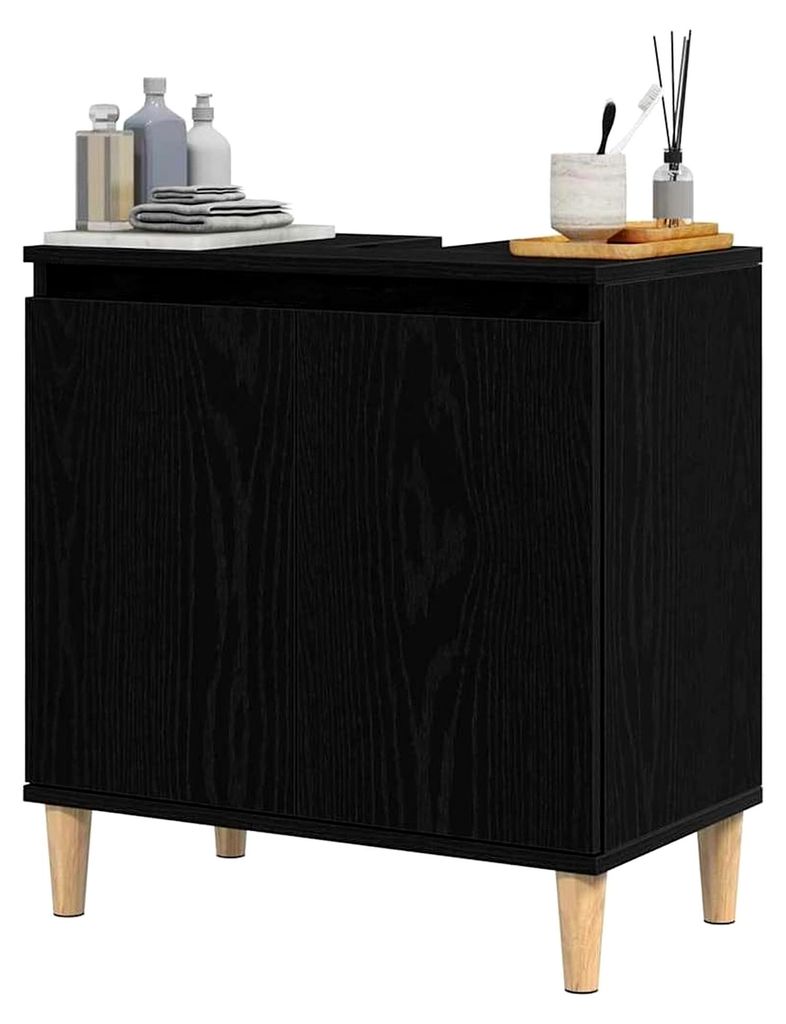 Schwarzer Eichen-Sinkschrank 58 x 33 x 60 cm aus Holzwerkstoff mit zwei Türen, modernes Badezimmer-Regalsystem, praktischer Organizer für Ihr Zuh...