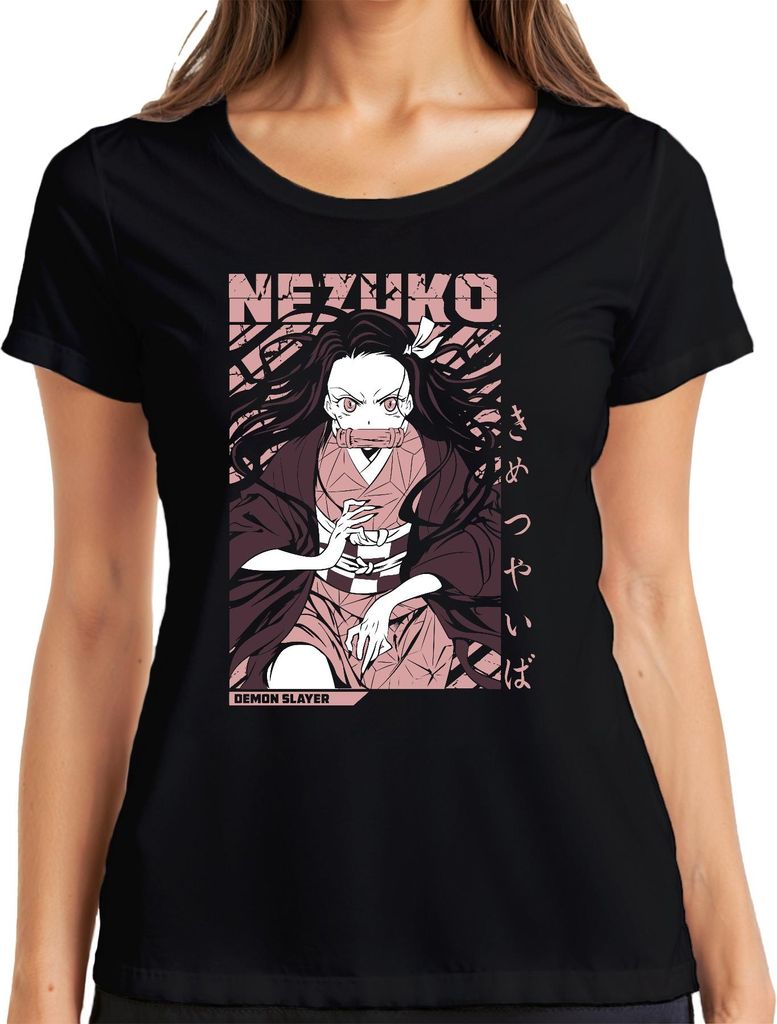 Nezuko Demon Slayer Kimetsu no Yaiba Anime Geschenk Cosplay Fan Damen T-Shirt, Schwarz, XL