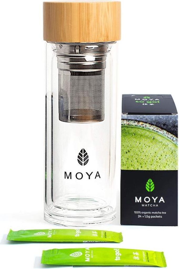 Set Tee Biologisch - 24 Matcha to Go Sticks - Gläserner Shaker 330ml - Zubereitung von heißem und kaltem Matcha - Ideal für Arbeit, Reisen oder ...