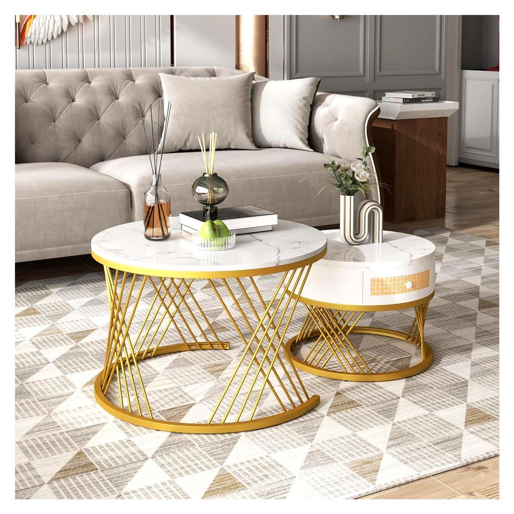 2 in 1 Runder Couchtisch Beistelltisch mit Marmoroptik und Schubladen aus Kunststoff-Rattan, Griffe aus Massivholz, Eisenfüße in Gold, 70x70cm+50...