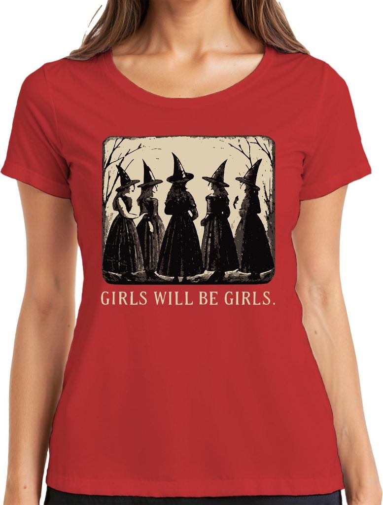 Girls will be girls Hexen Vintage Halloween Gothic Retro Mädchen Damen T-Shirt, Rot, 3XL