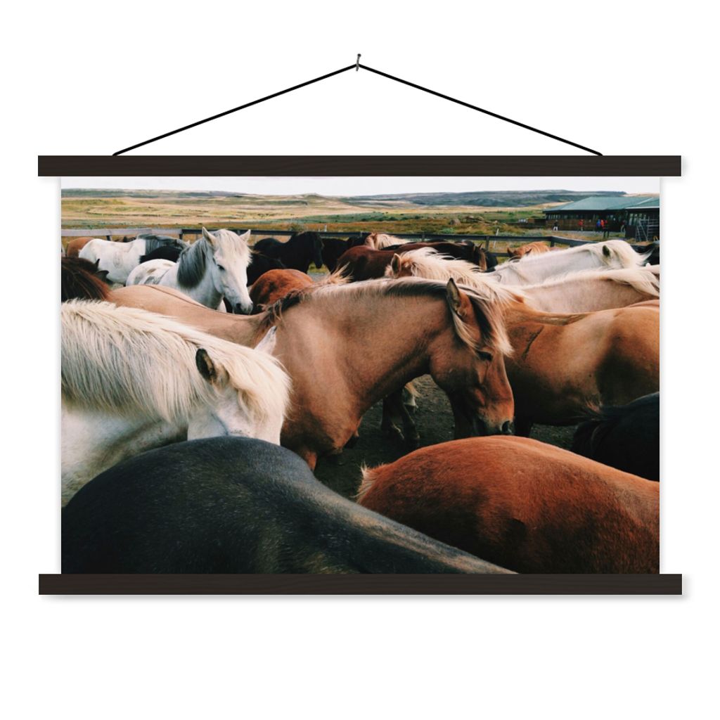 MuchoWow Textilposter Pferde - Tiere - Spiel 60x40 cm mit schwarzem Rahmen - Hölzernes