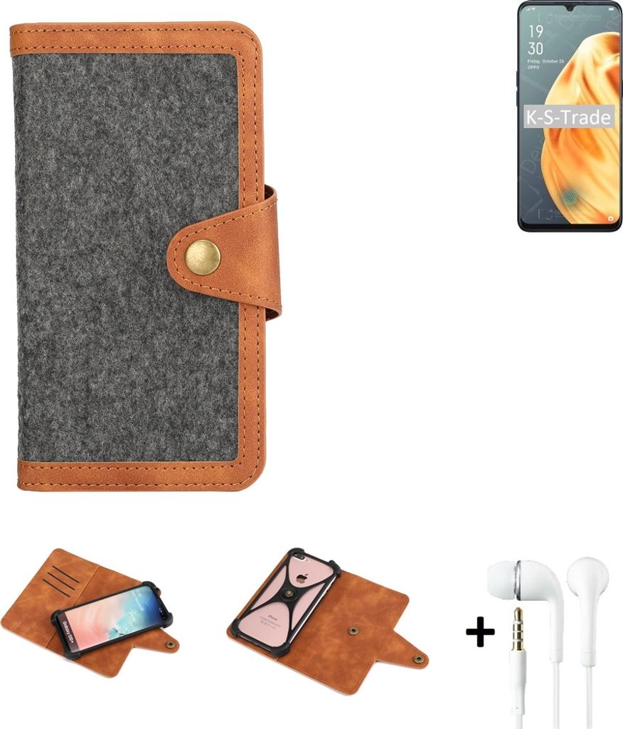 K-S-Trade Handyhülle + Kopfhörer kompatibel mit Oppo F15 Schutzhülle Filzhülle Kunstleder dunkelgrau braun (1x)