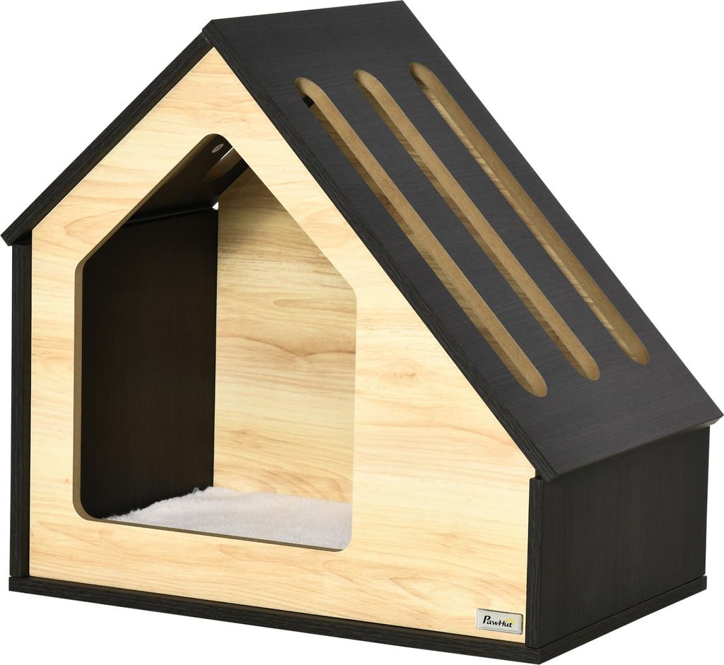 Fortuna Lai Hundehütte aus Holz Gemütliche Indoor Katzenhöhle & Hundeschlafplatz mit Kissen, für kleine Hunde bis 8kg, 60x40x59,2cm