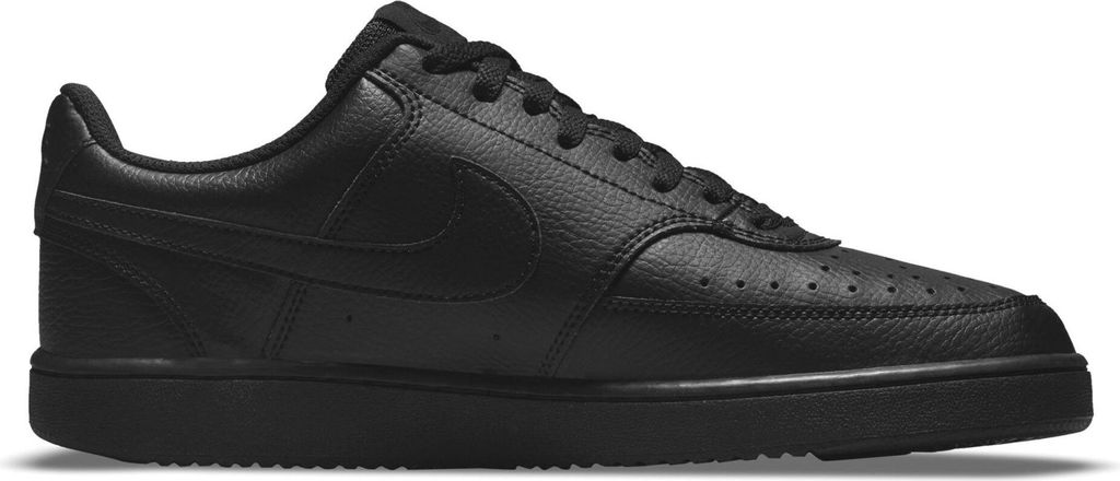 A black Nike Court Vision Low Next Nat sneaker is shown from the side against a white background.