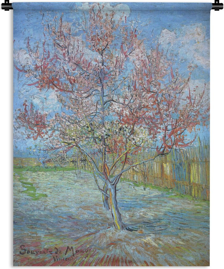 MuchoWow Wandteppich Wandbehang Der rosa Pfirsichbaum - Vincent van Gogh 120x160 cm Tapisserie Dekoration Wandtuch - Wohnzimmer - Moderne