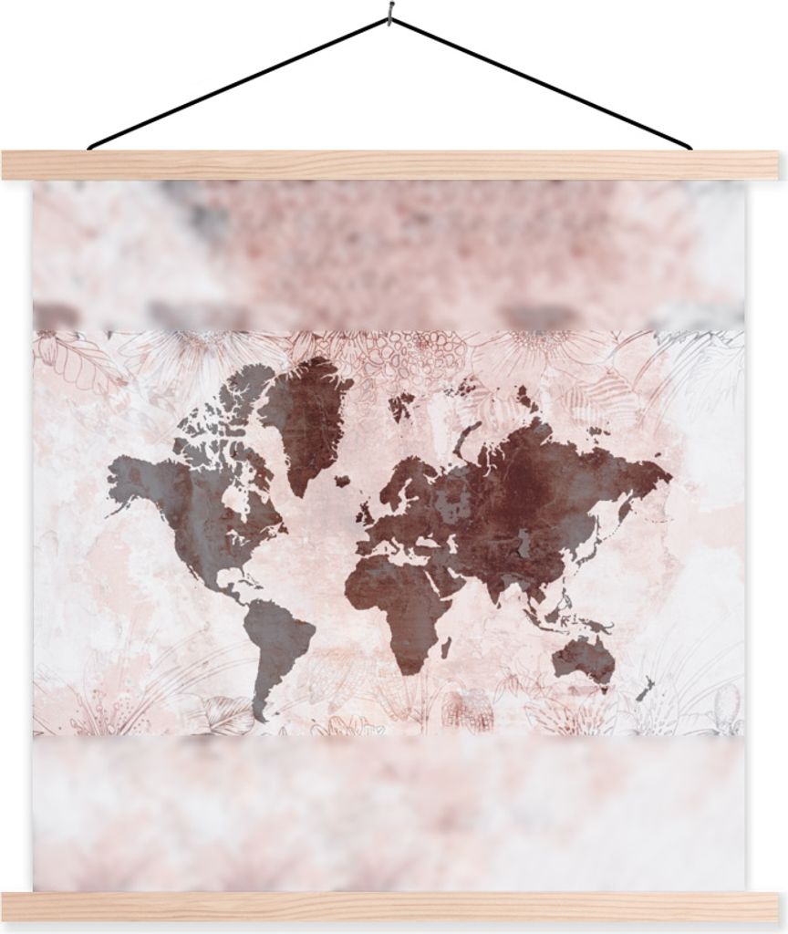 MuchoWow Textilposter Weltkarte - Blume - Lila 120x120 cm mit holzfarbenen Rahmen - Textil-Poster