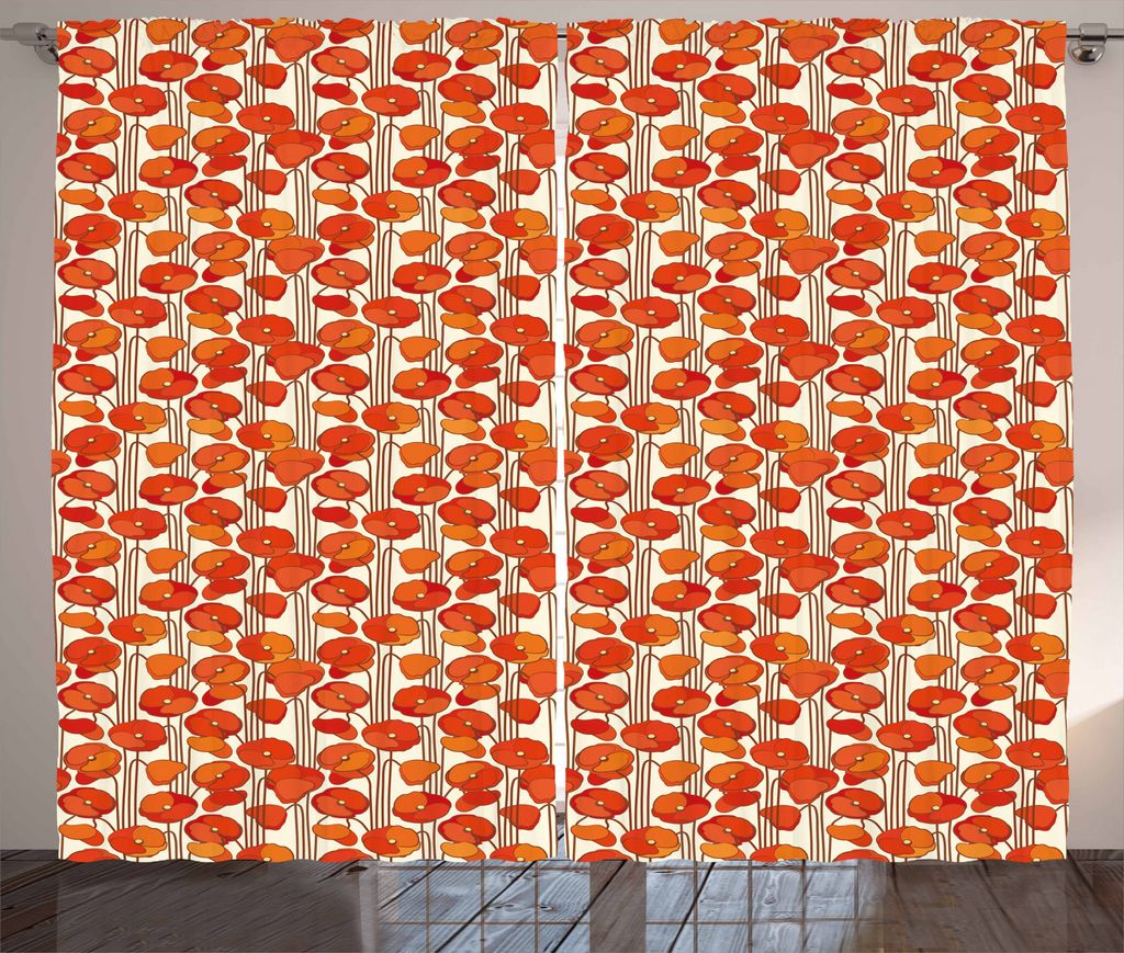 ABAKUHAUS Blumen Rustikaler Gardine, Mohnblumen Retro Frühling, Schlafzimmer Kräuselband Vorhang mit Schlaufen und Haken, 280 x 225 cm, Orange un...