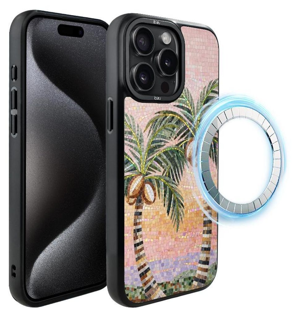 Schutzhülle für das iPhone 15 Pro, MagSafe-kompatibel, mattschwarze Seiten, Palmen, Sizilien, Mosaik
