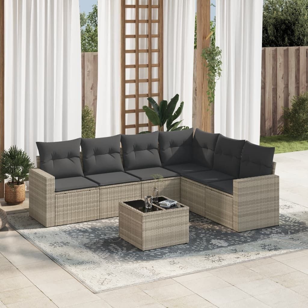 Industrie-Stil 7-tlg. Garten-Sofagarnitur Sofa Set mit Kissen Hellgrau Poly Rattan Terrassenmöbel2024 cloris