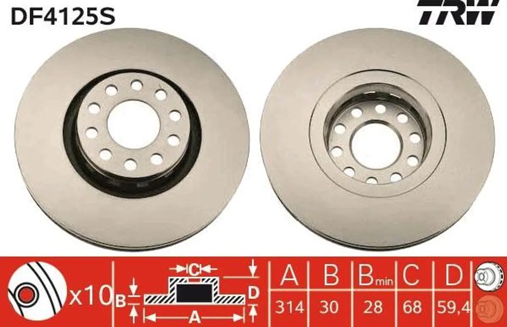 Pièce de freinage Audi A6 et A8 : Disque de frein TRW DF4125S d'origine