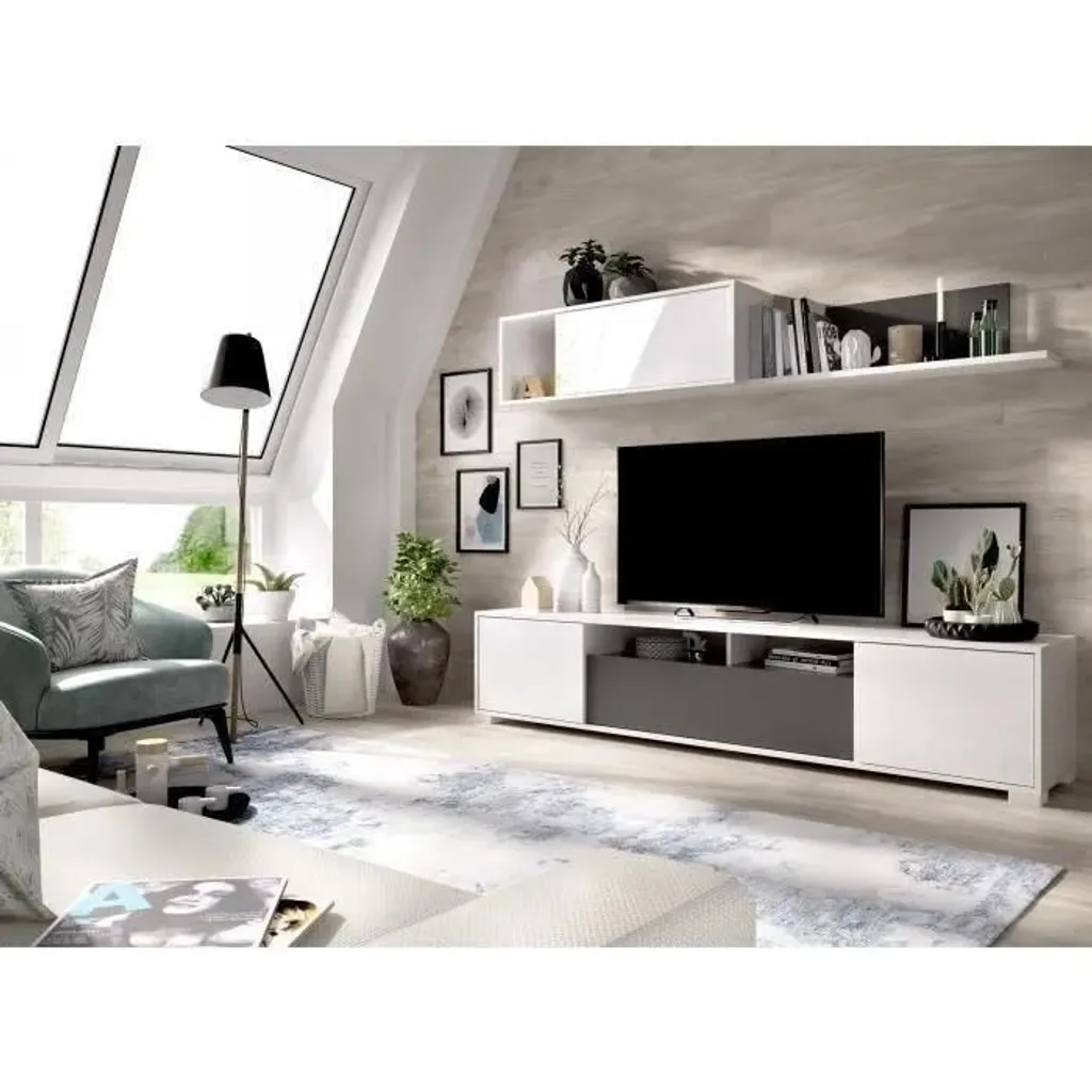 Meuble TV Design KEN Blanc et Graphite pour Grand Salon - 200 x 180 cm