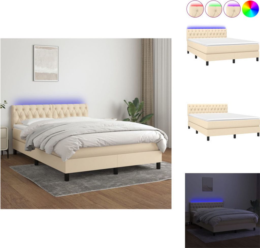 vidaXL Boxspringbett mit Matratze & LED Creme 140x190 cm Stoff - Betten & Bettgestelle