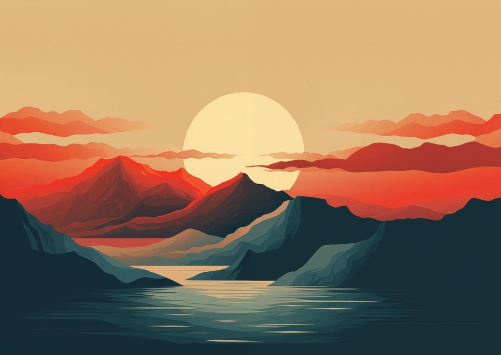 Plakat 42x29,7cm Sonnenuntergang über den Bergen