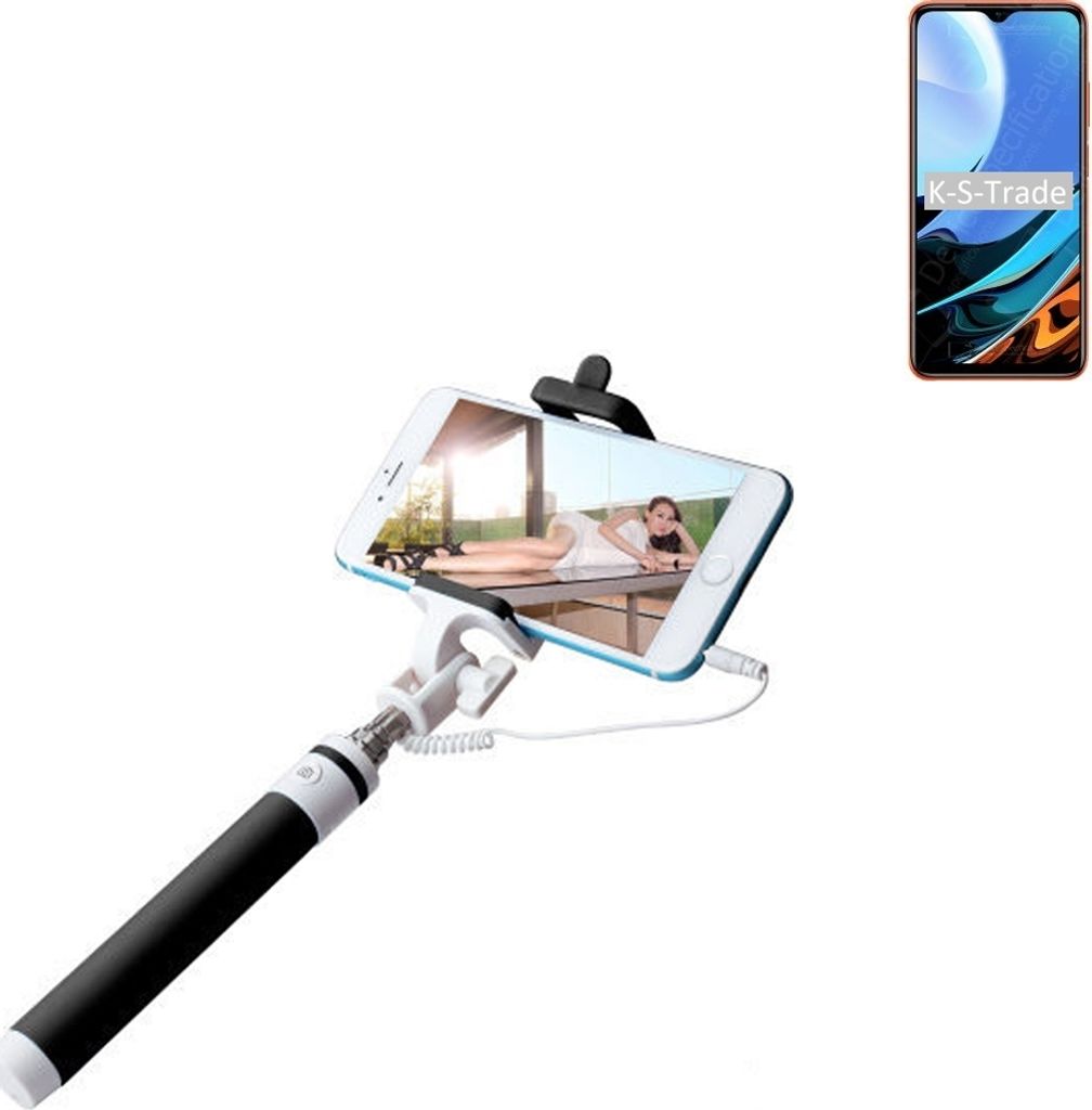 K-S-Trade Selfie Stick kompatibel mit Xiaomi Redmi 9T Selfiestick kabelgebunden Monopod mit Kabel Stab Stange Selfportrait Handheldstick schwarz 1x