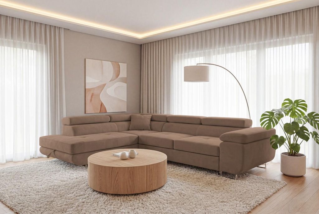 Ecksofa Luca L-Form Braun Velour Schlaffunktion Bettkasten Produktbild 