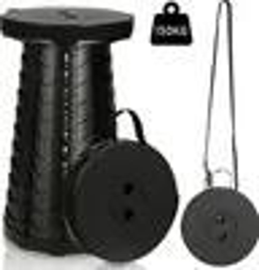 TolleTour Klapphocker, Schwarz, Teleskop & Höhenverstellbar, 150 kg Tragkraft, für Indoor & Outdoor. Erweitert: 44x25,5 cm (HxØ), Verpackt: 6x25...