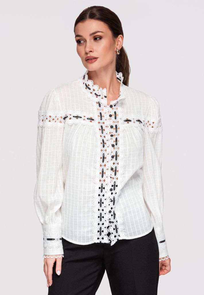 LARICA Damen Bluse mit Spitze Stehkragen im Vintage Stil OW-SH-E0009 white M/L