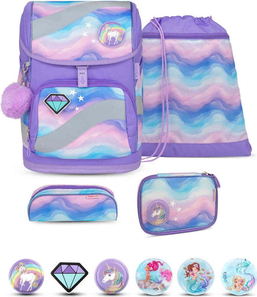 Belmil Smarty ergonomisches Schulranzen Set 5-teilig "Rainbow Land" mit Brustgurt, Hüftgurt, Magnetverschluss, Patch Set 6 Stück