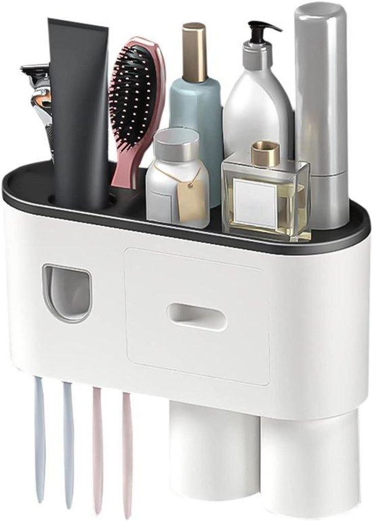 Toothbrushhalter mit Wandbefestigung ohne Bohren für 4 Zahnbürsten und Zubehör - Große Aufbewahrungsbehalter für Badkabine Waschbecken