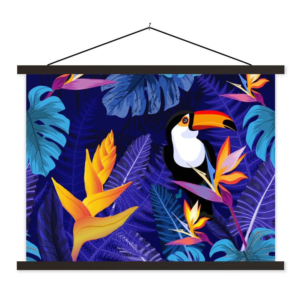 MuchoWow Textilposter Dschungel - Tukan - Blumen - Pflanzen - Kinder - Lila - Tiere 40x30 cm mit schwarzem Rahmen - Dekorationen