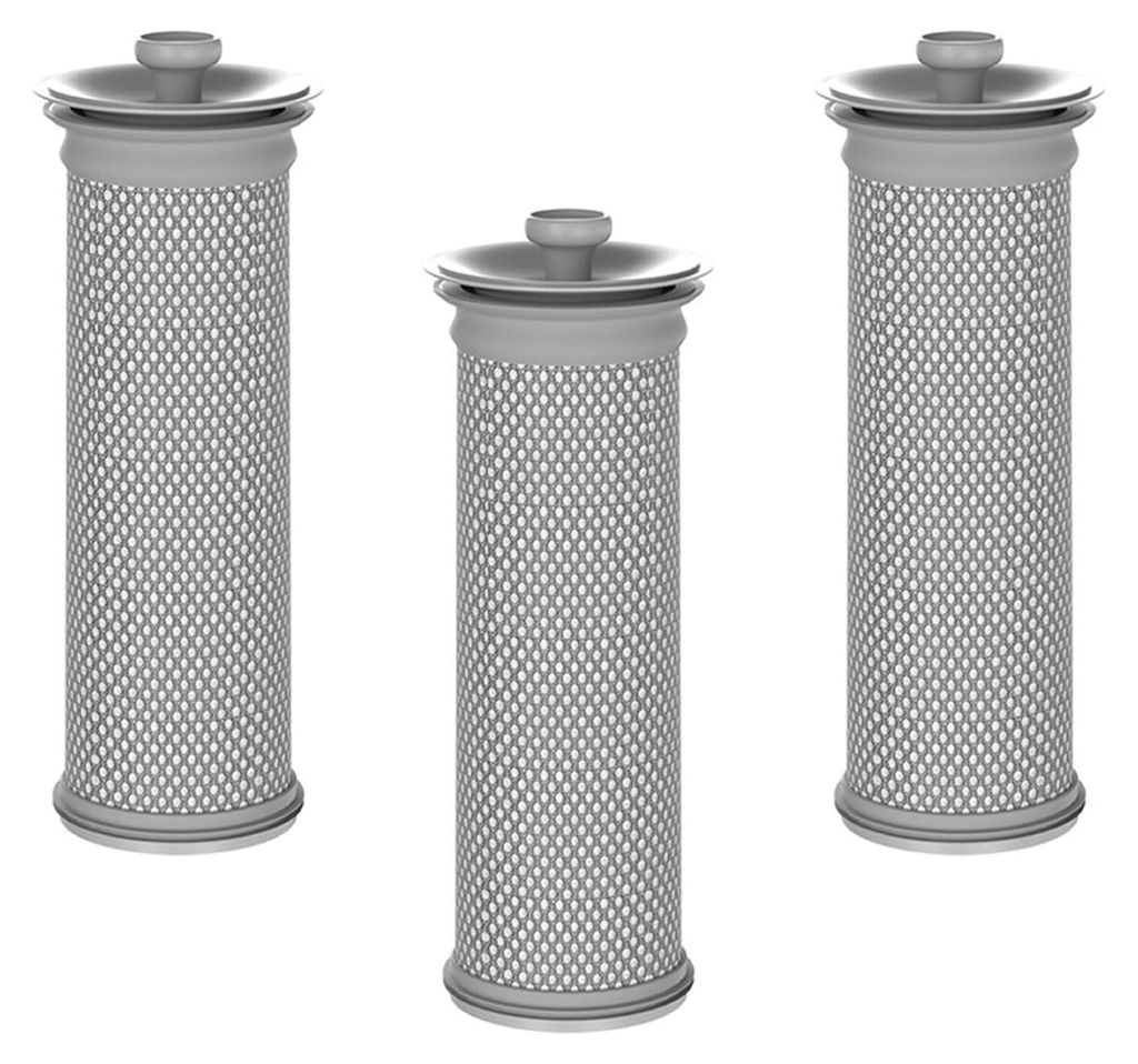 Three identical cylindrical filters are arranged in a row against a white background.