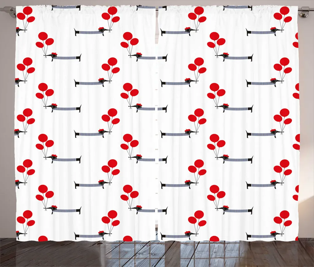 ABAKUHAUS Tenda rustica con bassotti, cani parigini e palloncini, tenda con passanti e ganci per camera da letto, 280 x 245 cm, grigio antracite rosso cinabro - 1