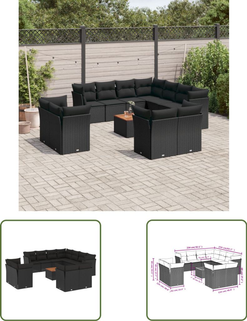 The Living Store 12-tlg. Garten-Sofagarnitur mit Kissen Schwarz Poly Rattan
