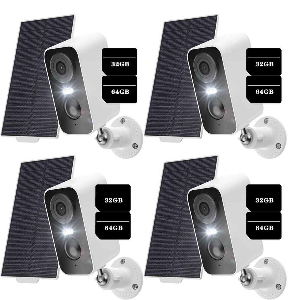 4X 3MP FHD Überwachungskamera Aussen Akku mit Solarpanel, 100% Kabellose Kamera Überwachung Aussen Solar32&64GB Speicher Karte
