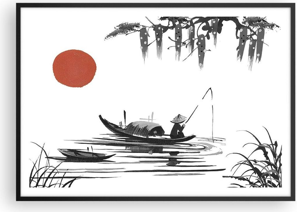 Gerahmtes Poster - Schwarzer Rahmen - China Angler Zeichnen - 100x70 cm - Wand Bild - Wanddeko - Wandbilder - Wandposter - Bilderrahmen - Bilder - ...