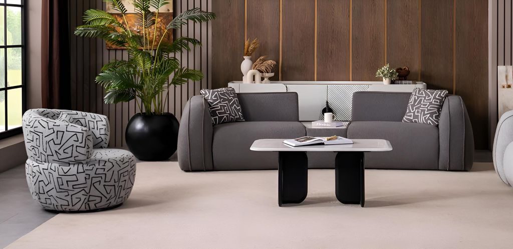 Graue Wohnzimmer Textilgarnitur Stilvoller Polster 3-Sitzer Sessel