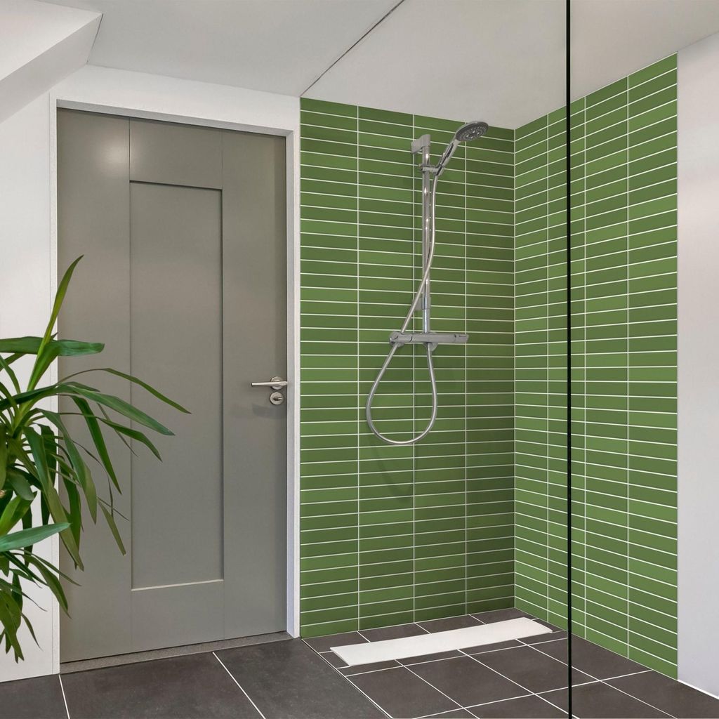 Duschrückwand mit Motiv selbstklebend - 0.61 mm Wandpaneel wasserfest Design grün Fliesenoptik Unifarben Badrückwand fugenlos Premium matt 80x2...