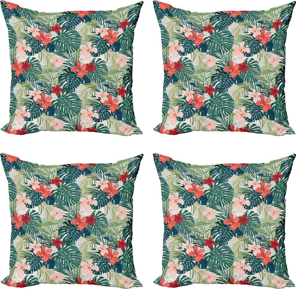 ABAKUHAUS Blatt Kissenbezug Set (4 Stück), Natur Crepe Ginger Blume, Moderner Doppelseitiger Digitaldruck, 50 cm x 50 cm, Dunkelgrün Grün