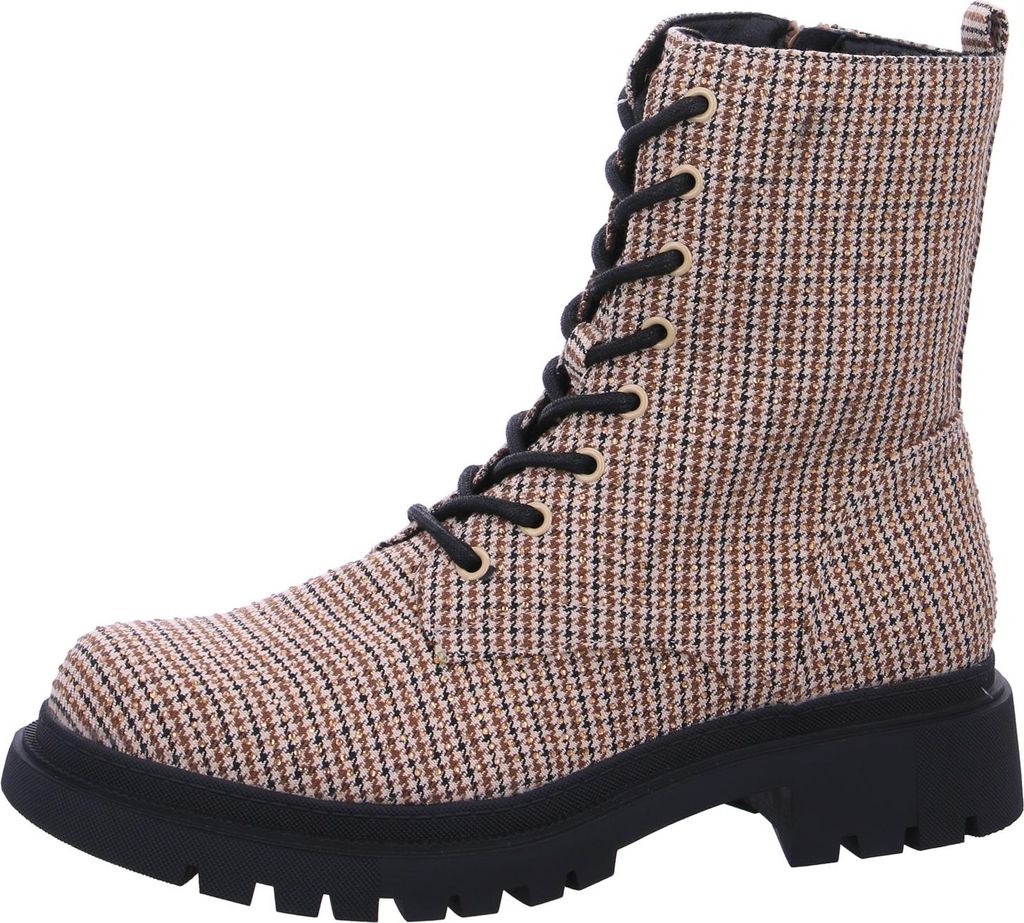 A single beige lace-up boot with a black sole and laces, set against a white background.